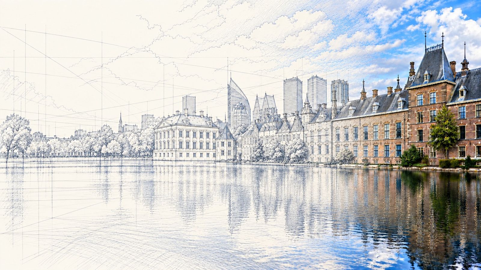 Visualisatie van de Hofvijver en overheidsgebouwen in Den Haag, van een potloodschets met constructielijnen links naar een fotorealistische uitwerking rechts