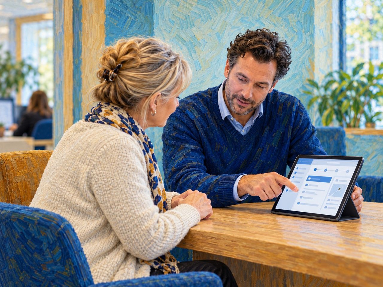 Een implementatiebegeleider en een medewerker bekijken samen een digitale toepassing op een tablet, met blauwe en okerkleurige penseelstreken in kleding en omgeving