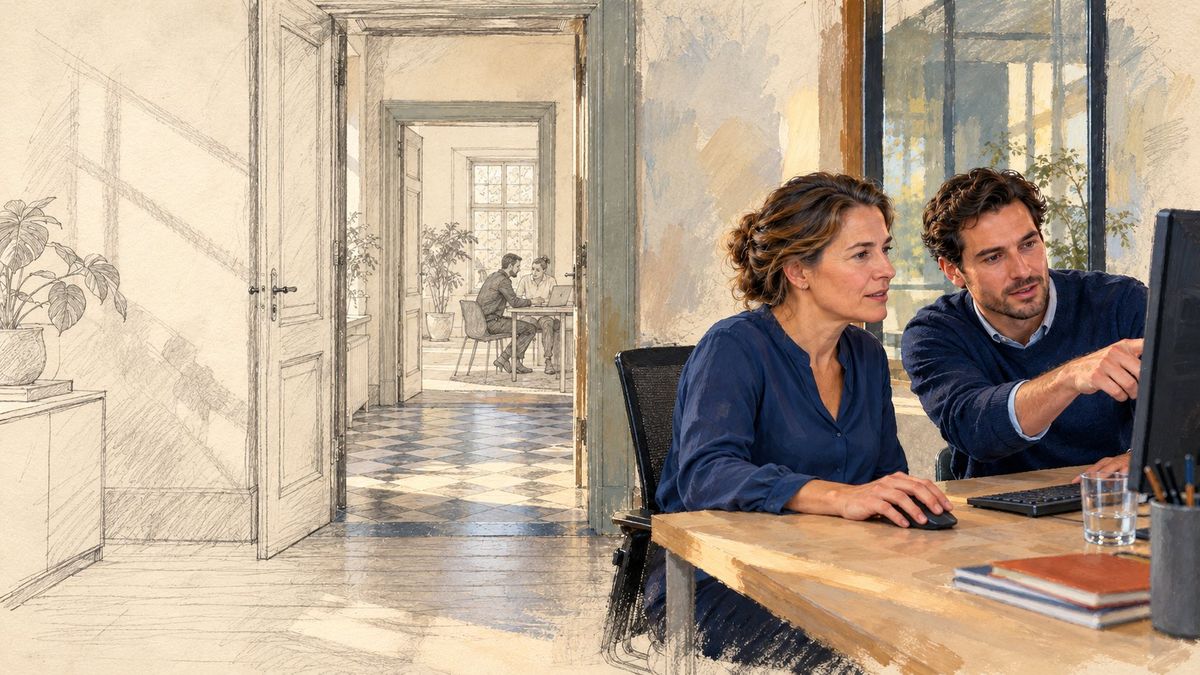 Dezelfde scène half uitgewerkt: de twee mensen aan het bureau zijn geschilderd en werken met de toepassing, de rest is nog schets