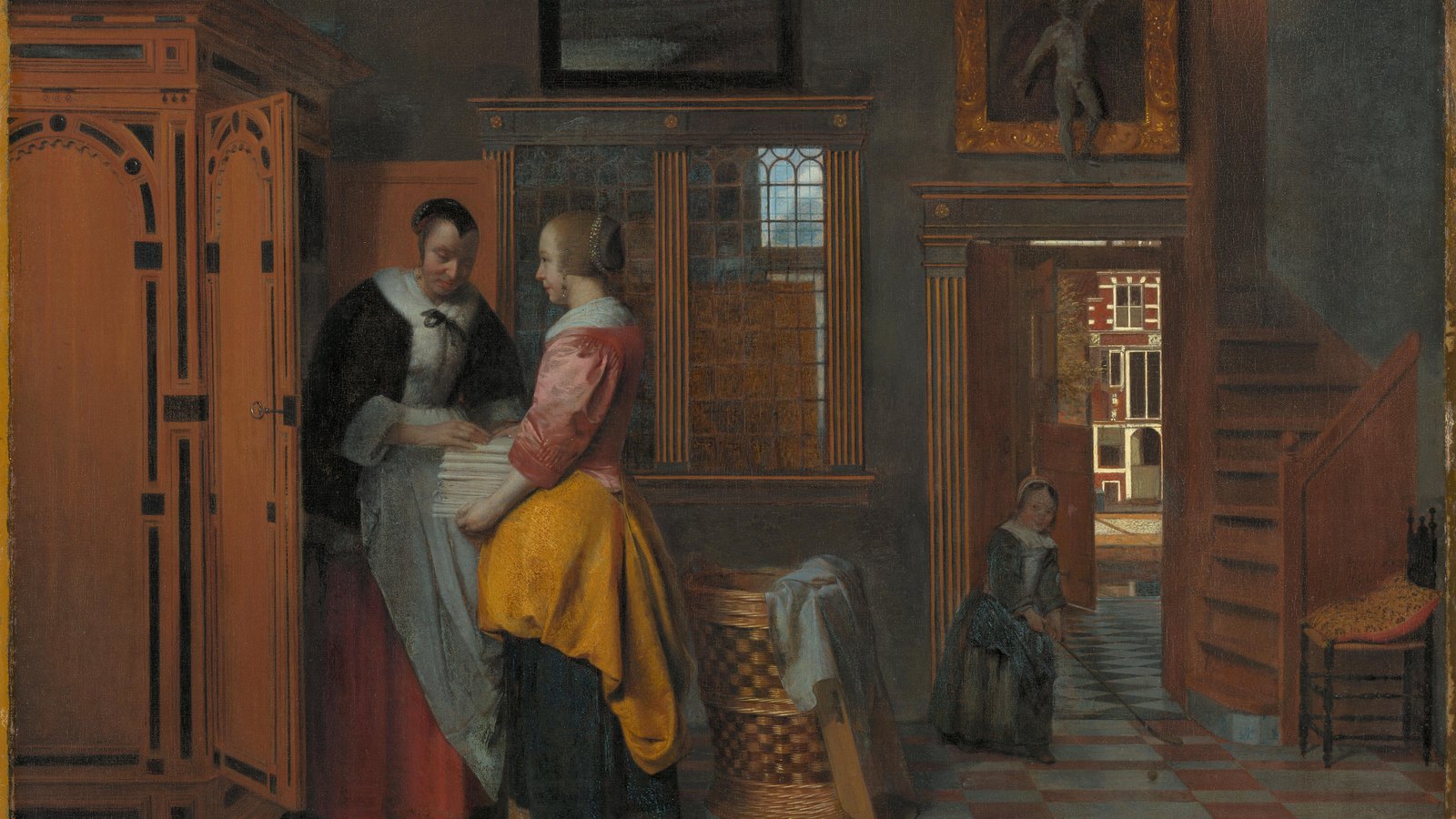 Pieter de Hooch, Binnenhuis met vrouwen bij een linnenkast: twee vrouwen bij een linnenkast, met een doorkijk naar buiten