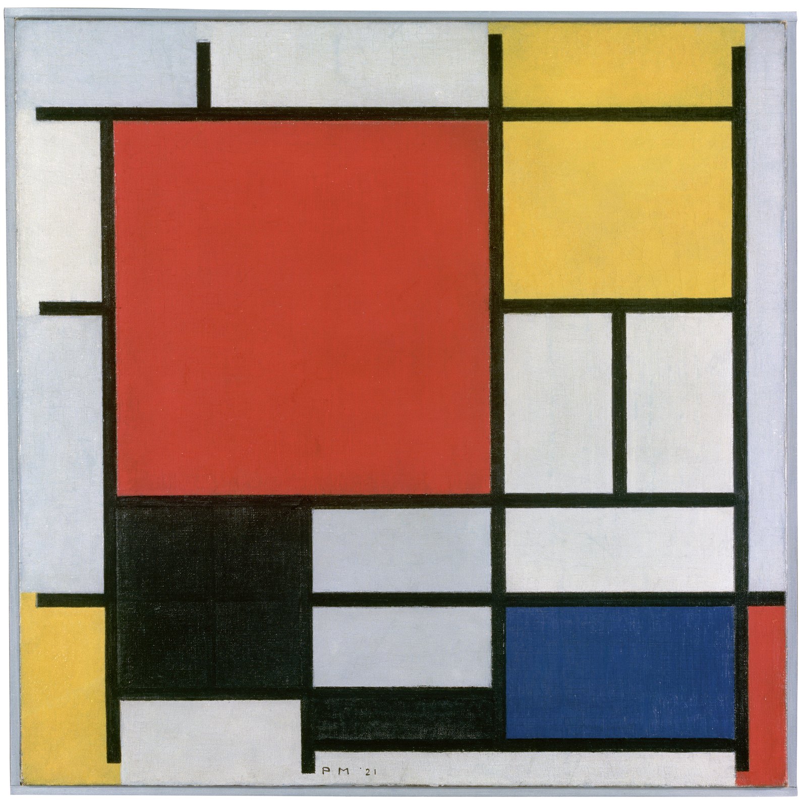 Piet Mondriaan, Compositie met groot rood vlak, geel, zwart, grijs en blauw: een groot rood vlak met gele, zwarte, grijze en blauwe vlakken, gescheiden door zwarte lijnen