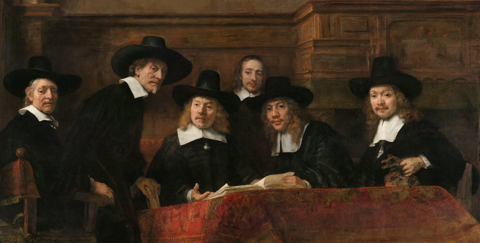 Rembrandt van Rijn, De Staalmeesters: vijf waardijns en een knecht rond een tafel met een oosters kleed kijken naar de toeschouwer