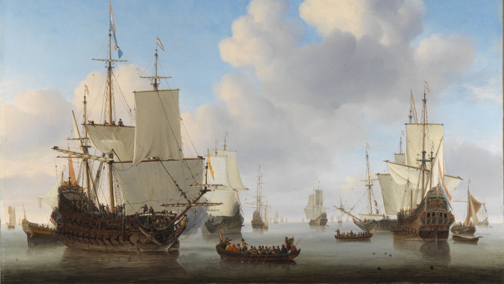 Hollandse schepen op een kalme zee van Willem van de Velde de Jonge, met zeilschepen op rustig water onder een brede wolkenlucht.
