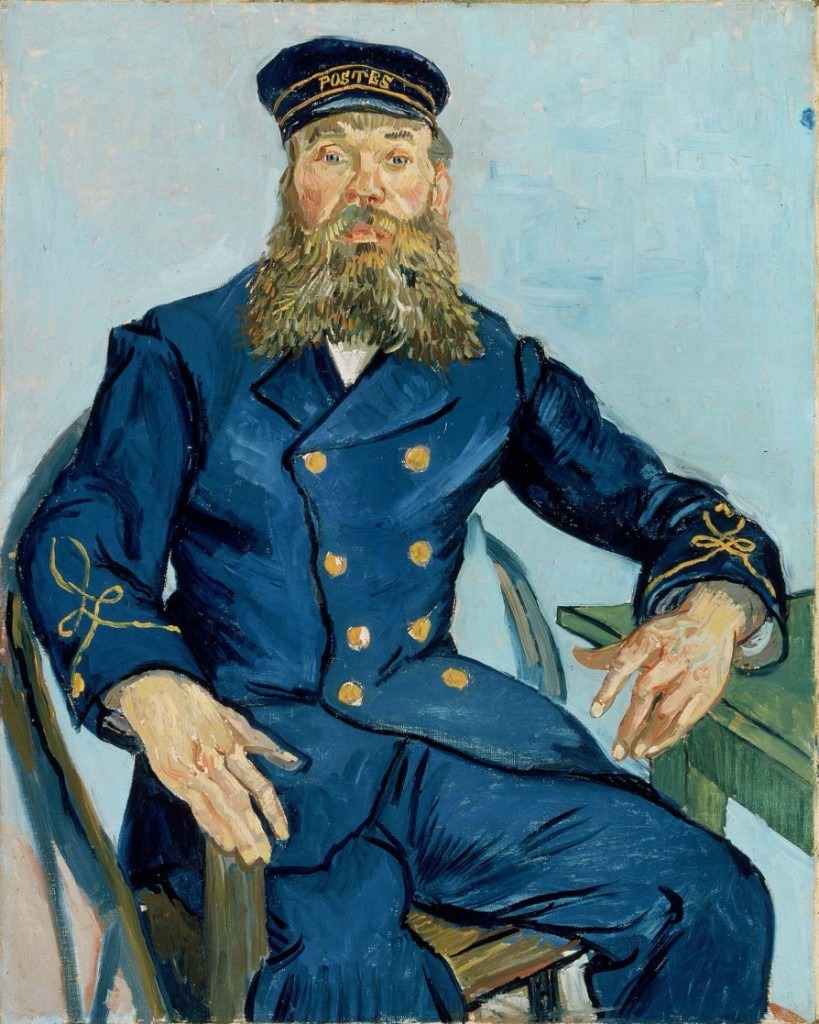 Vincent van Gogh, Postman Joseph Roulin: portret van een postbode in blauw uniform met baard, tegen een lichtblauwe achtergrond