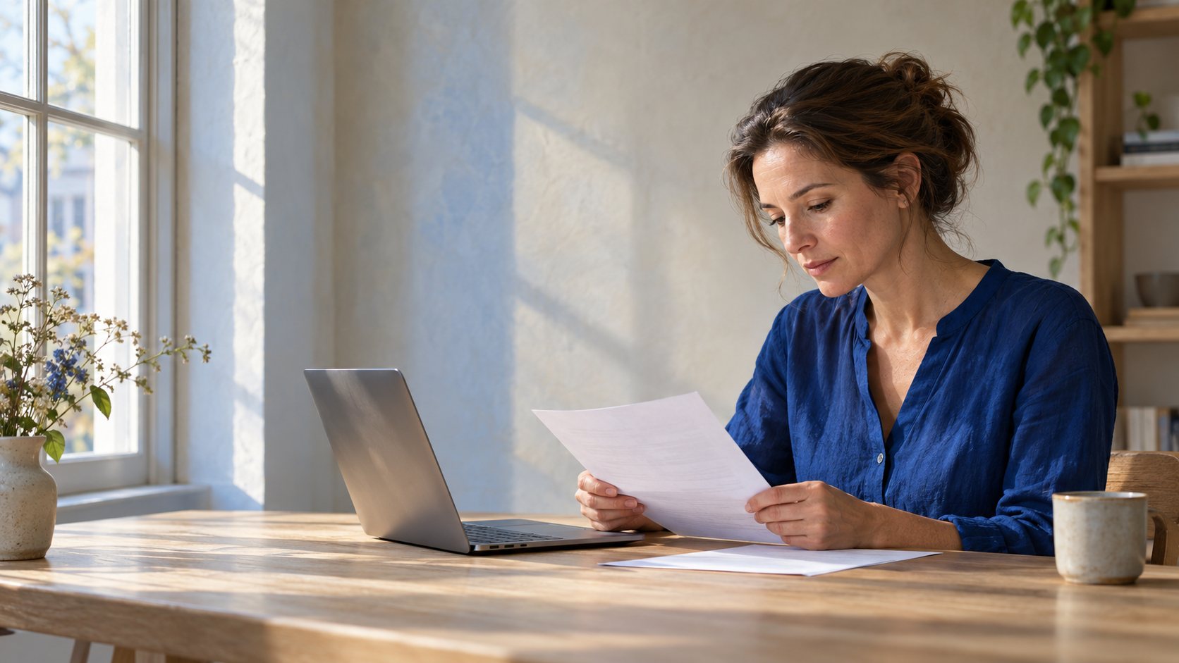 Een vrouw in een blauwe blouse leest aandachtig een document aan een tafel met een laptop, in zijlicht van een raam